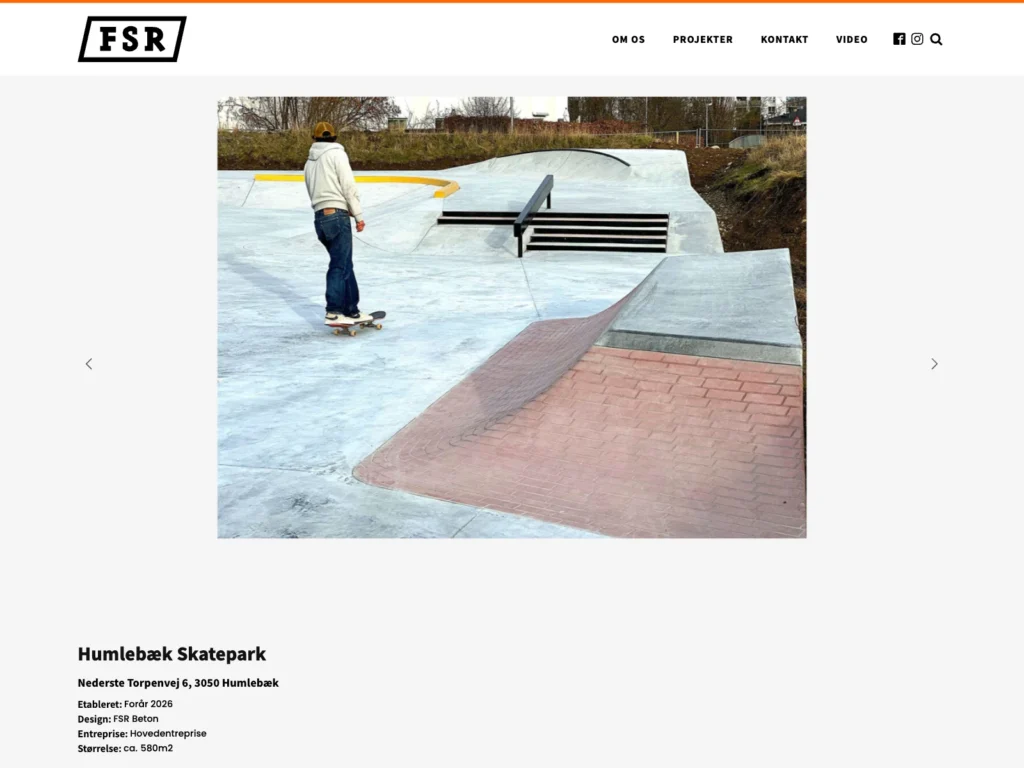 The project page for Humlebæk Skatepark on fsrbeton.dk with a skater in the park and facts about construction, design and size