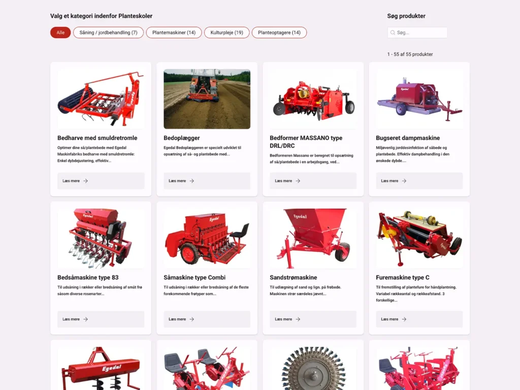 Produktoversigten for planteskoler på egedal.dk med kategorifiltre, søgefelt og produktkort for maskiner
