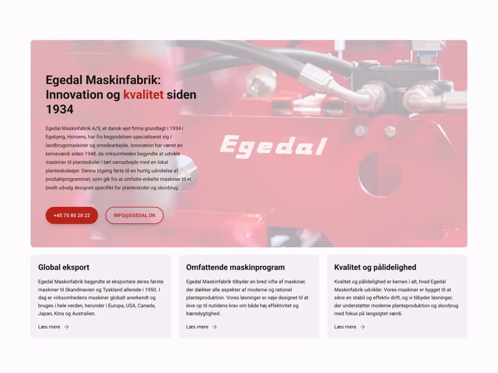 Sektionen "Innovation og kvalitet siden 1934" på egedal.dk med kort om global eksport, maskinprogram og kvalitet