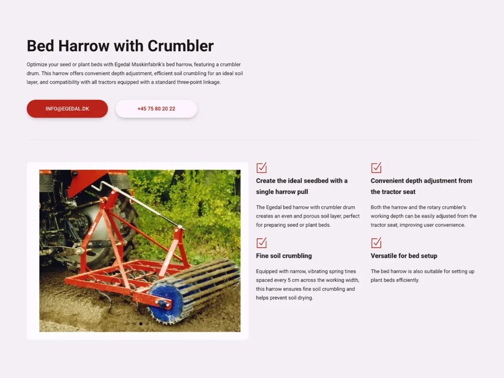 Engelsk produktside for Bed Harrow with Crumbler på egedal.dk med billede af harven og fire fordele
