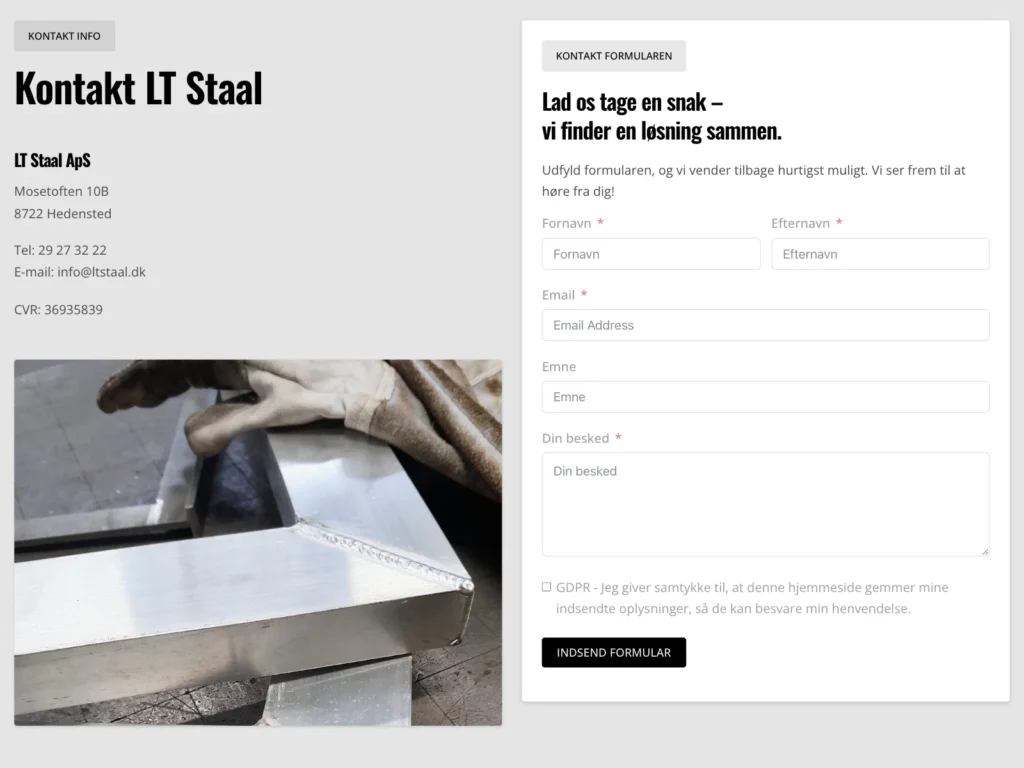 Kontaktsiden på ltstaal.dk med adresse i Hedensted, et nærbillede af en svejst aluminiumsramme og kontaktformular