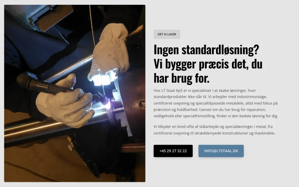 Sektionen "Ingen standardløsning?" på ltstaal.dk med et nærbillede af svejsning i handsker
