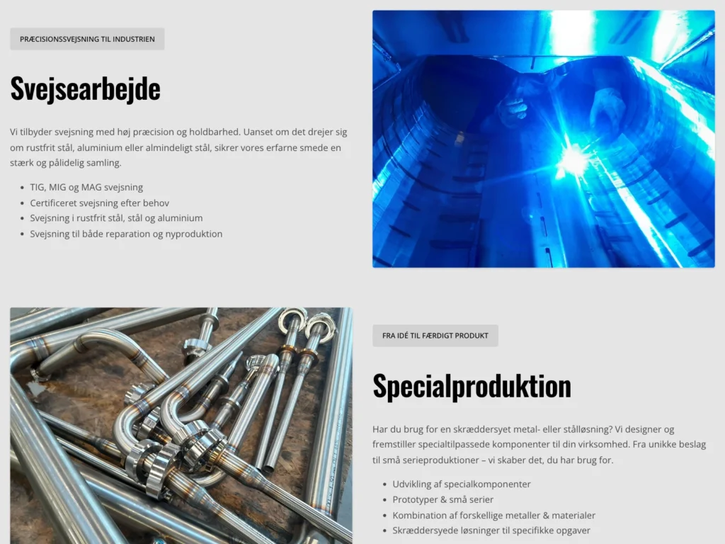 Ydelserne Svejsearbejde og Specialproduktion på ltstaal.dk med billeder af svejsning og bøjede rustfri rør