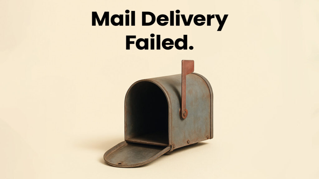 An empty, open mailbox with the text “Mail Delivery Failed” on a light background