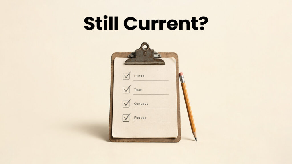 Clipboard with a checklist of links, team, contact information, and a footer below the text “Still Current?”
