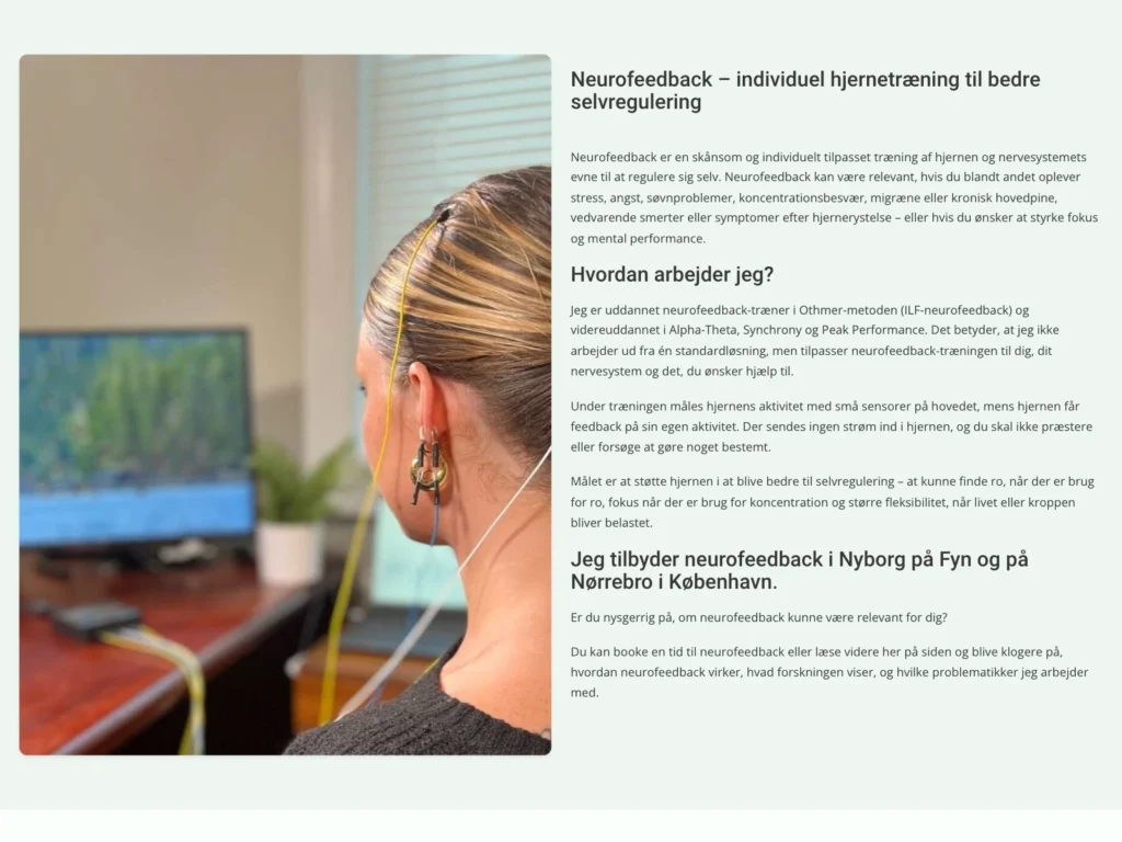 The neurofeedback subpage on anjadethurah.dk with a client wearing sensors on their head in front of a screen