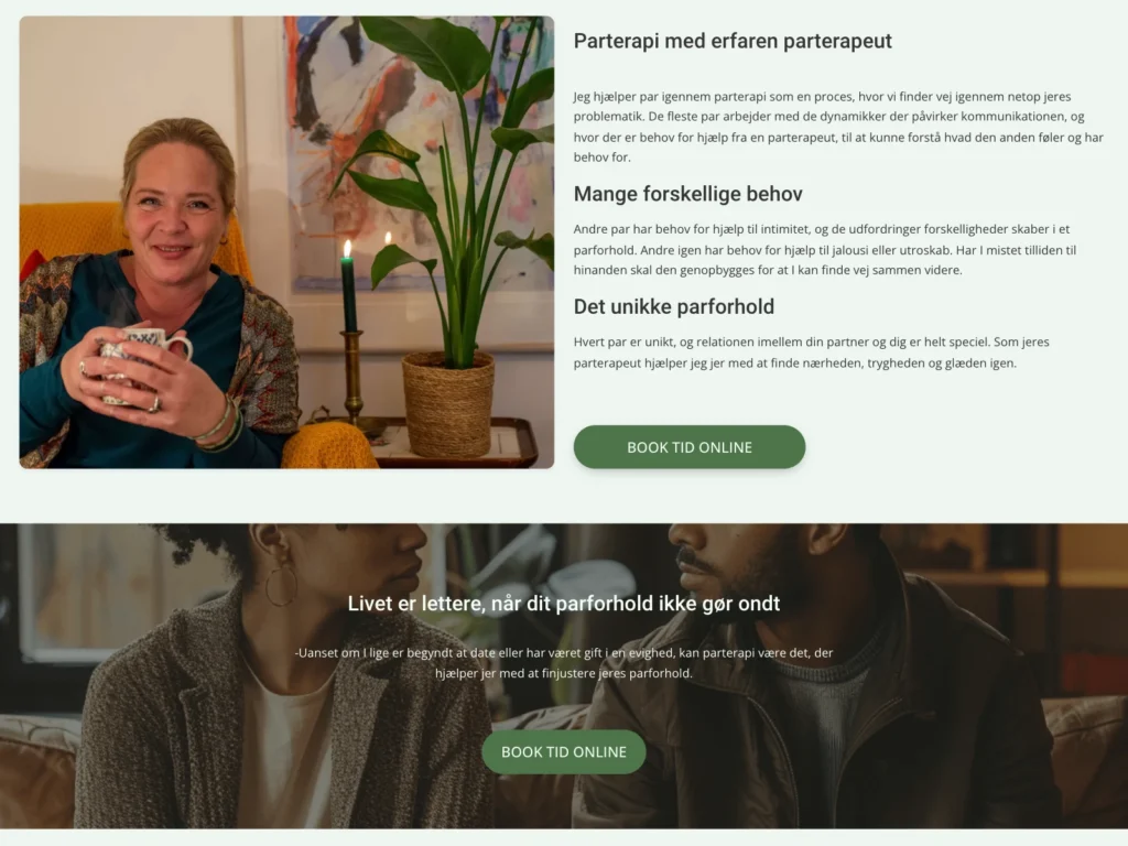 The couples therapy subpage on anjadethurah.dk with Anja holding a cup of tea and a couple in conversation in the background image