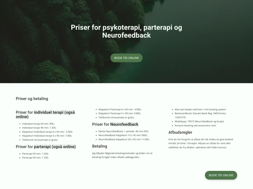 The pricing page on anjadethurah.dk with prices for individual therapy, couples therapy, and neurofeedback, plus cancellation policy
