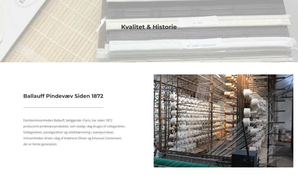 The “Quality & History” page on ballauff.dk with text about the family business since 1872 and a photo of the weaving machine