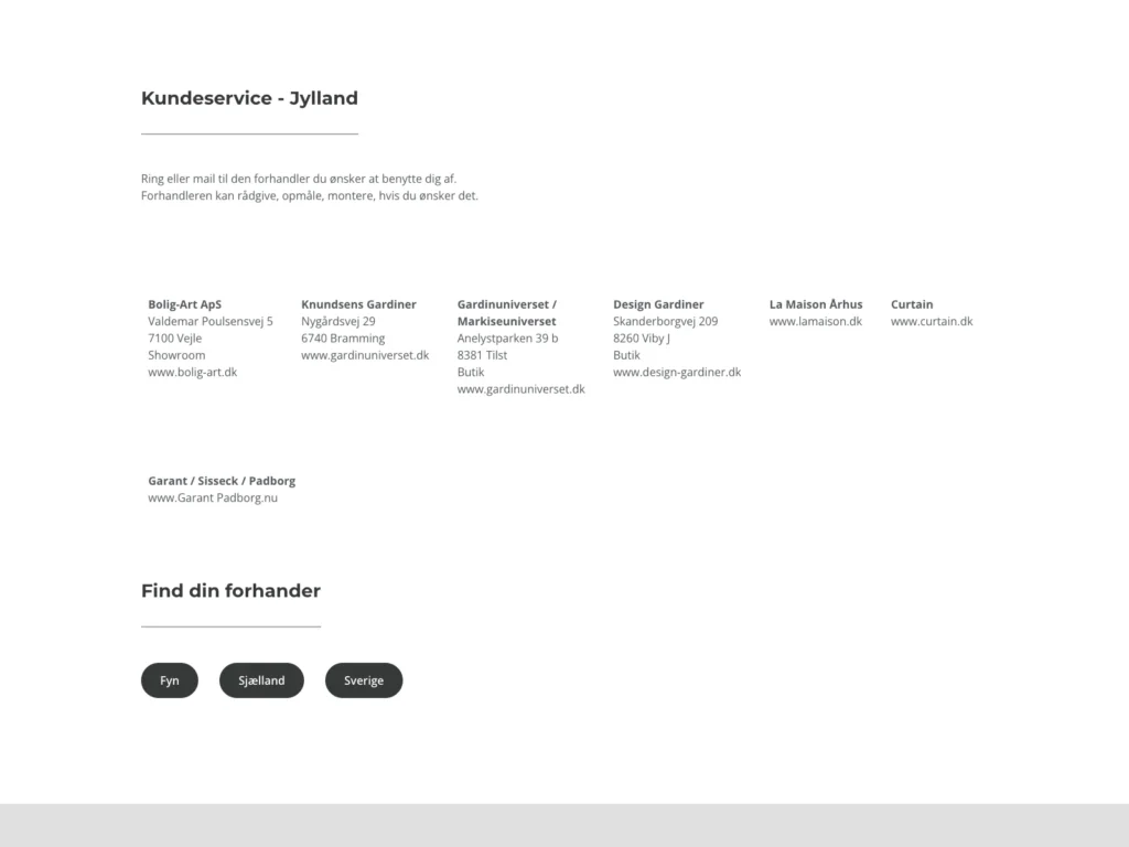 The retailer overview for Jutland on ballauff.dk with addresses and buttons for Funen, Zealand and Sweden