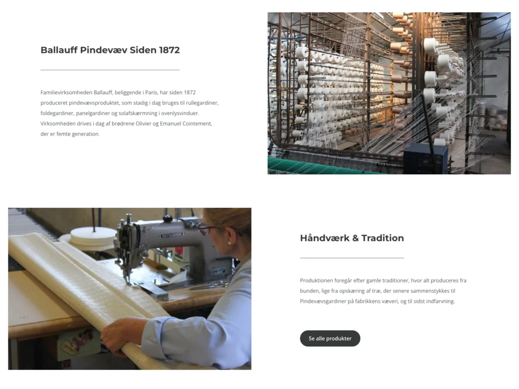 The sections “Ballauff Needle-Weave since 1872” and “Craftsmanship & Tradition” with a loom and a seamstress at the sewing machine