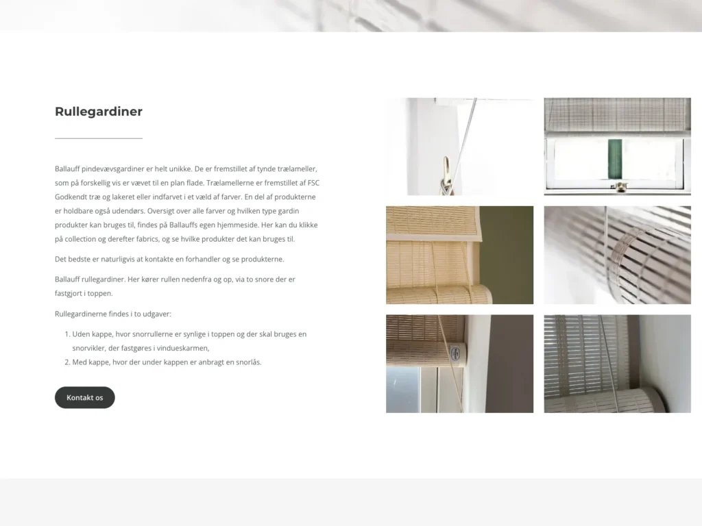 The product page for roller blinds on ballauff.dk with a description of the two versions and six detail photos