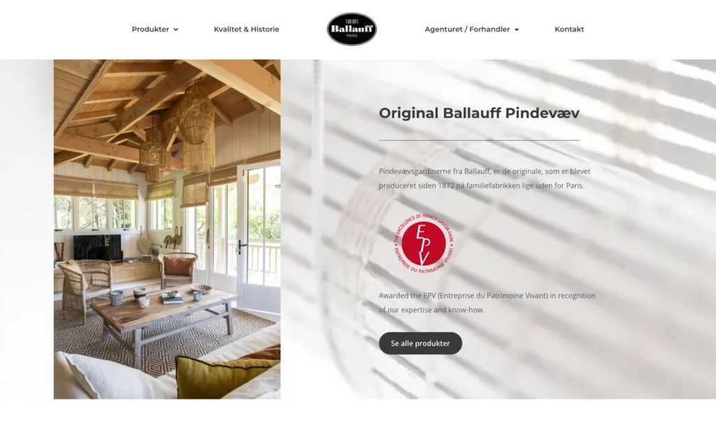 The homepage of ballauff.dk with a living room with needle-weave curtains and the text “Original Ballauff Needle-Weave”