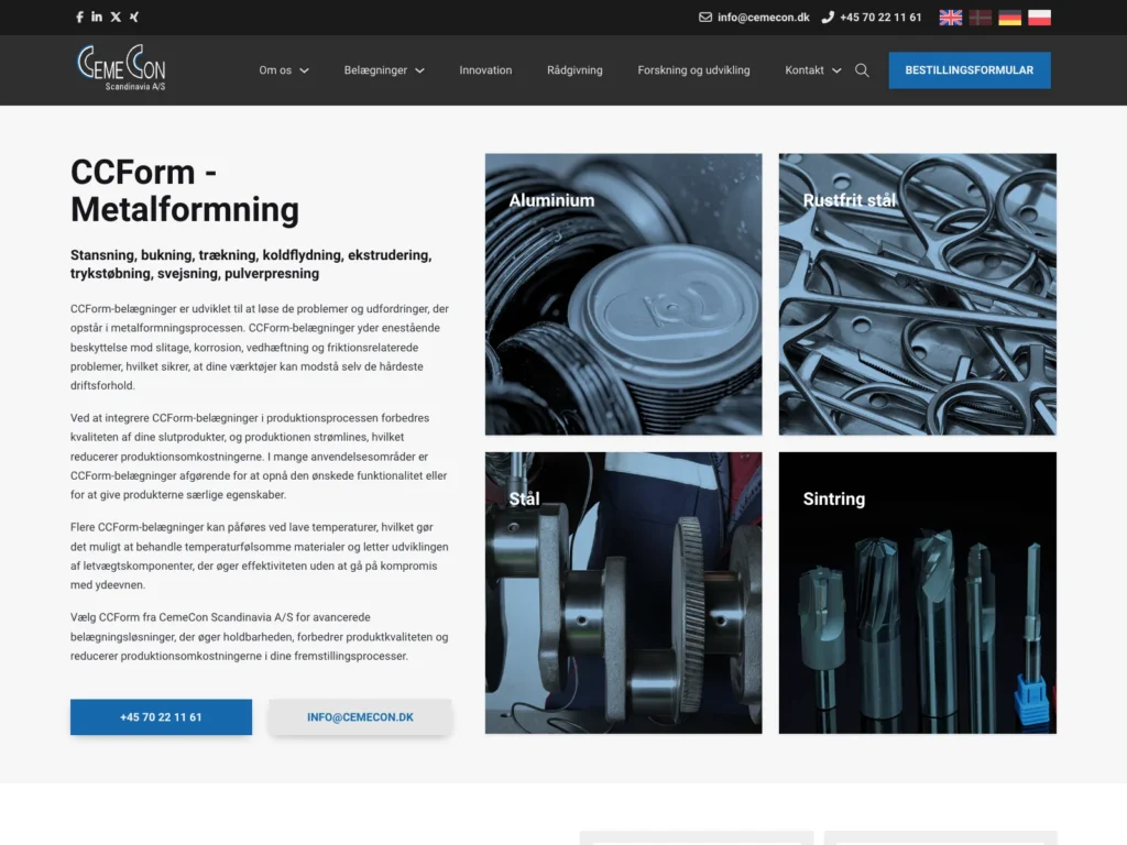 Produktsiden for CCForm-belægninger til metalformning på cemecon.dk med billedfelter for aluminium, rustfrit stål, stål og sintring
