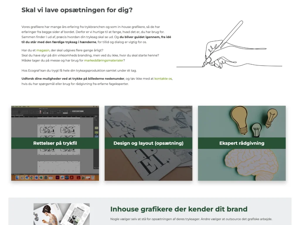 The page about graphic layout on ecograf.dk with a line-drawn hand and image fields for corrections, design, and advice