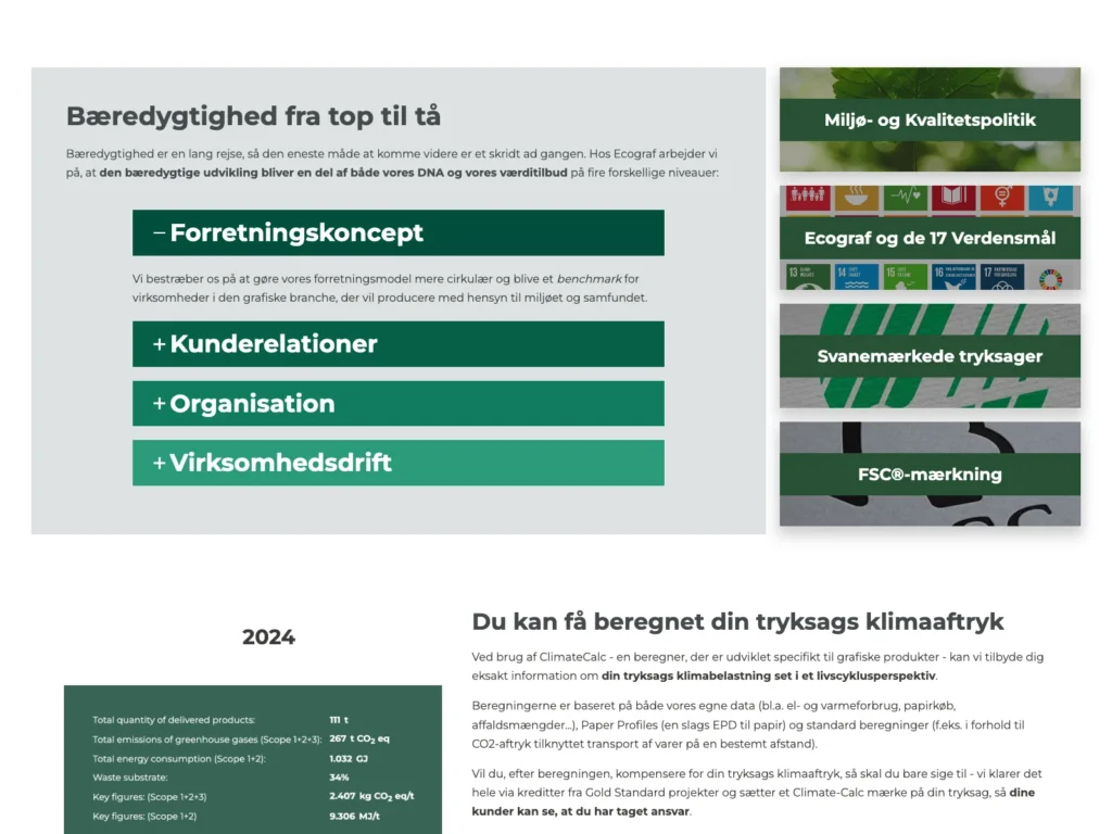 The sustainability page on ecograf.dk with themes such as business concept, the UN Sustainable Development Goals, the Nordic Swan Ecolabel and FSC, as well as a carbon footprint report