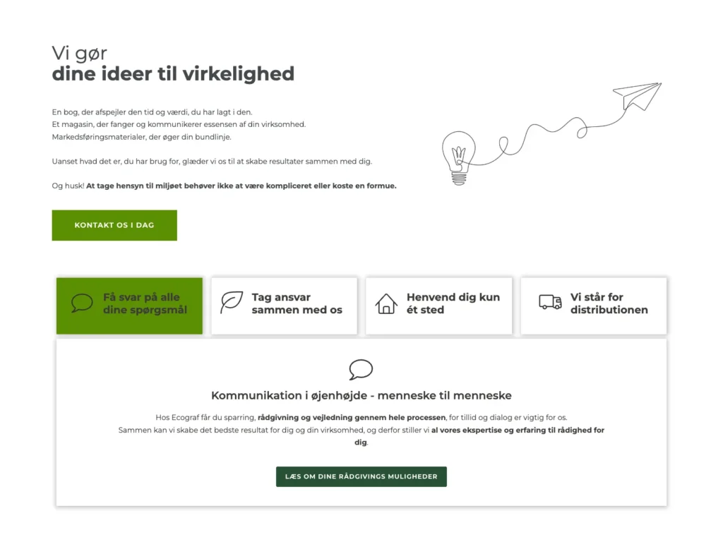 The “We make your ideas a reality” section on ecograf.dk with a line drawing of a light bulb and tabs with icons
