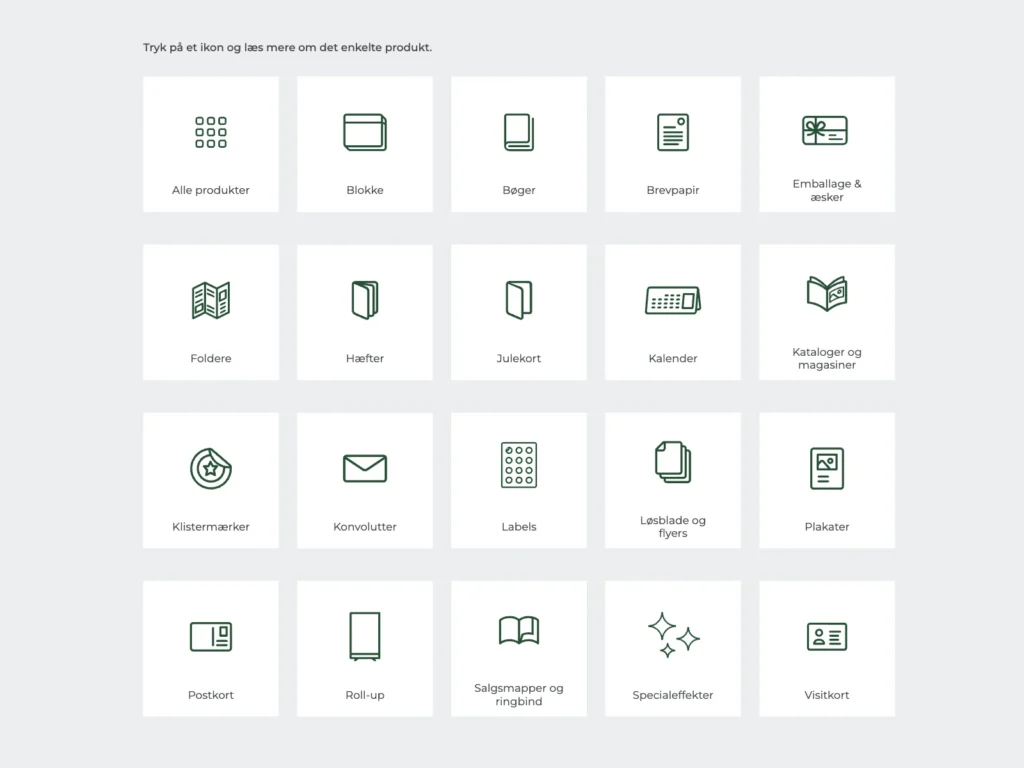 The product overview on ecograf.dk with custom-designed green icons for printed materials such as books, brochures, calendars, and business cards