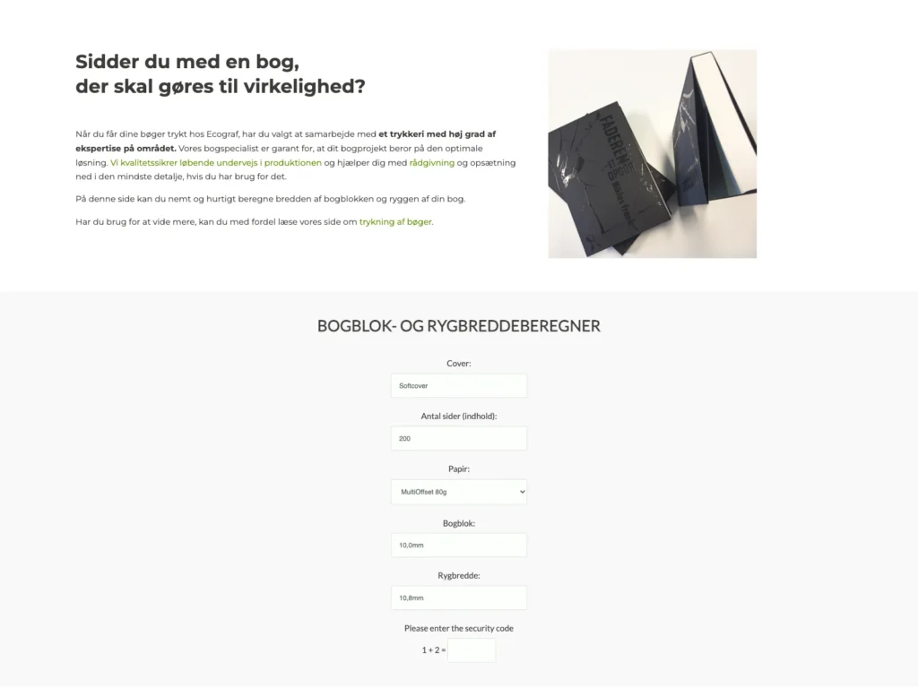 The book block and spine width calculator on ecograf.dk, where you choose cover, page count, and paper