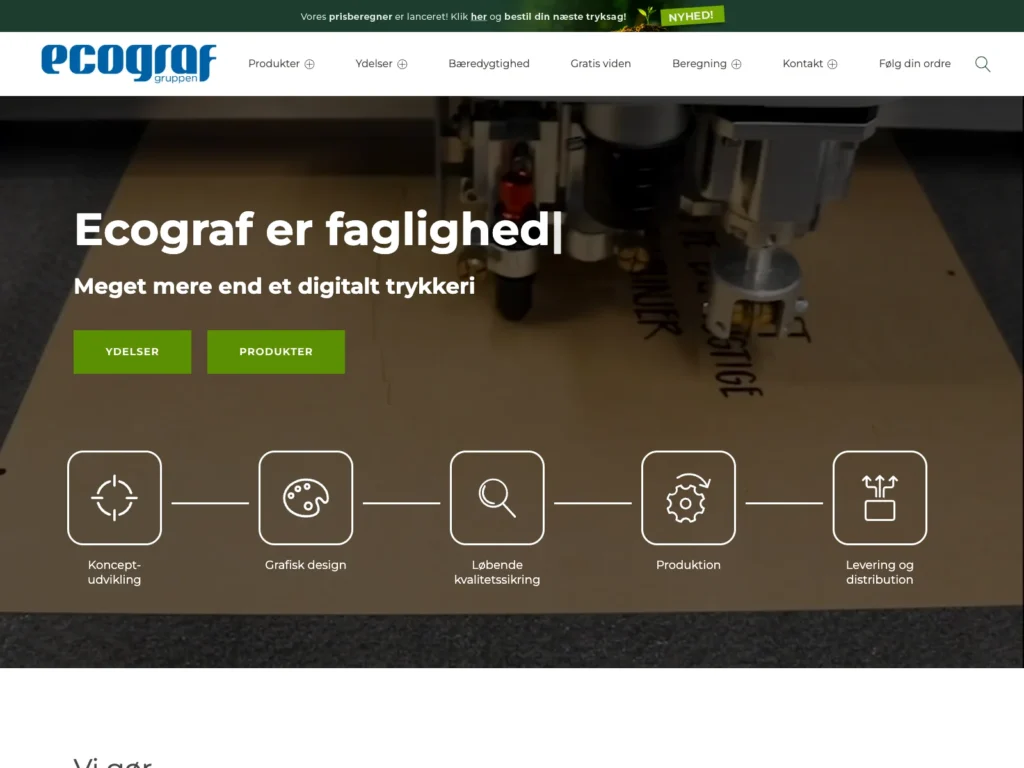 The homepage of ecograf.dk with the headline “Ecograf is expertise” and an icon row from concept and graphic design to delivery