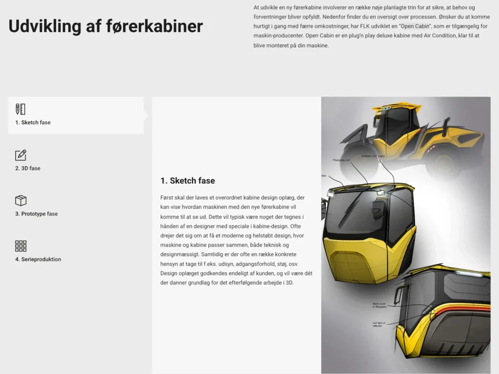 The page about the development of driver cabs on flk-cabin.dk with the phases sketch, 3D, prototype, and series production