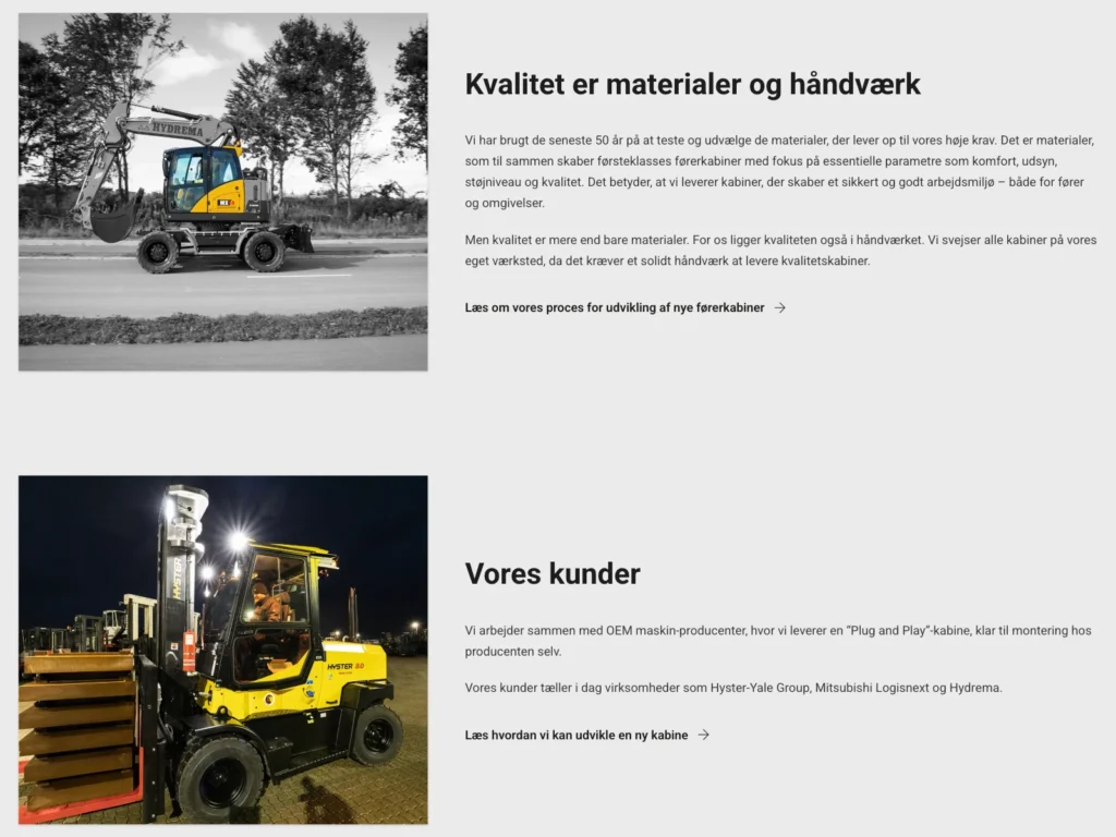 The sections “Quality is materials and craftsmanship” and “Our customers” with an excavator and a Hyster forklift