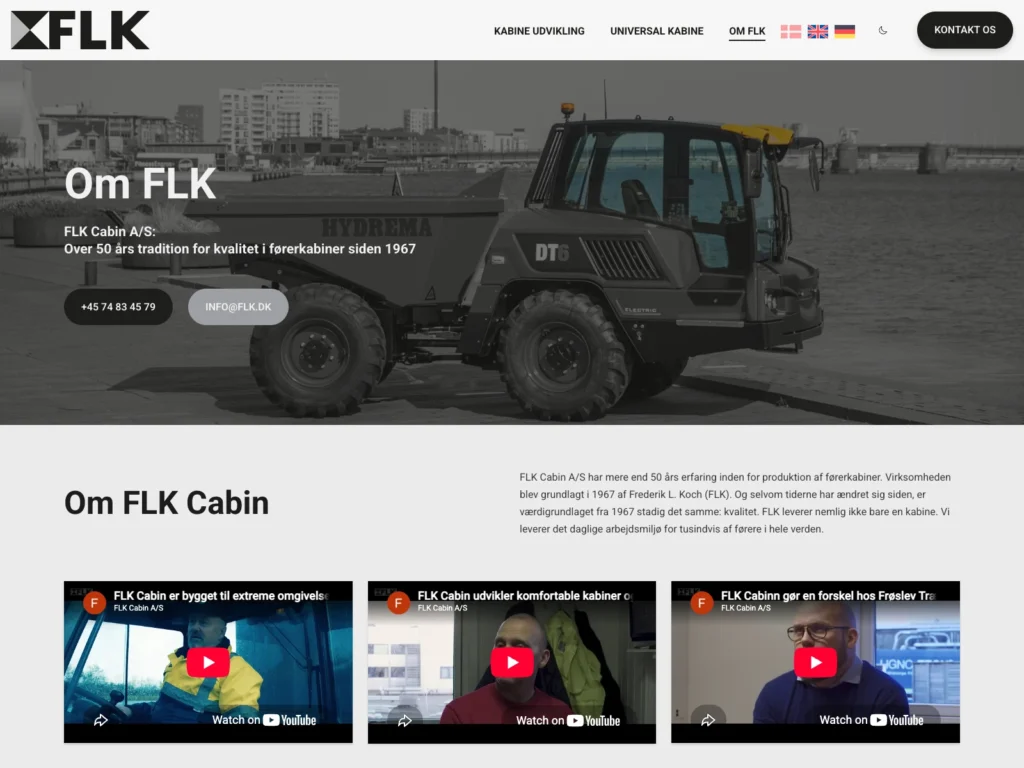 The “About FLK” page on flk-cabin.dk with the company’s history since 1967 and three embedded YouTube videos
