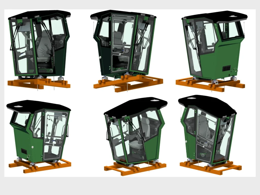 Six 3D views of FLK Cabins’ green universal cabin on transport pallets, seen from different angles