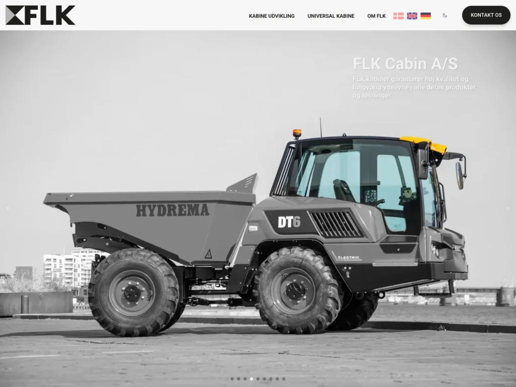 The homepage of flk-cabin.dk with a Hydrema DT6 dumper in large format, menu and language selection in Danish, English, and German