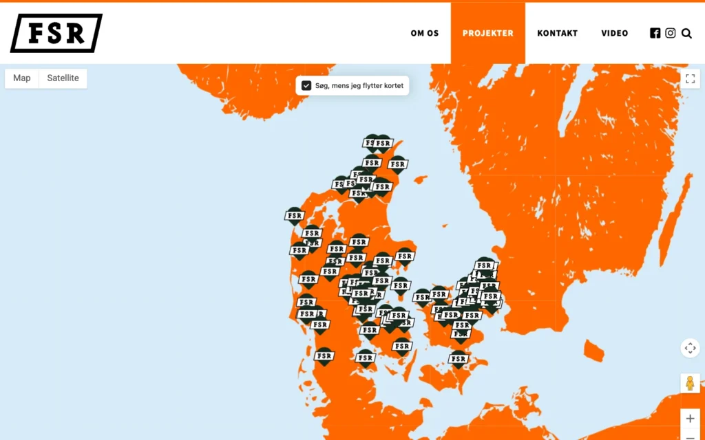 Interactive map on fsrbeton.dk with FSR markers for skateparks spread across Denmark