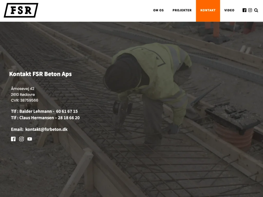 The contact page on fsrbeton.dk with an address in Rødovre and phone numbers over a photo of reinforcement work