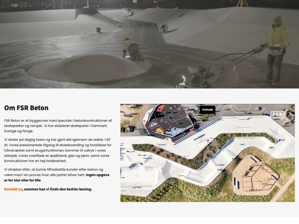 The “About FSR Beton” page with a photo of concrete work at a skatepark and a video of a skate facility seen from above