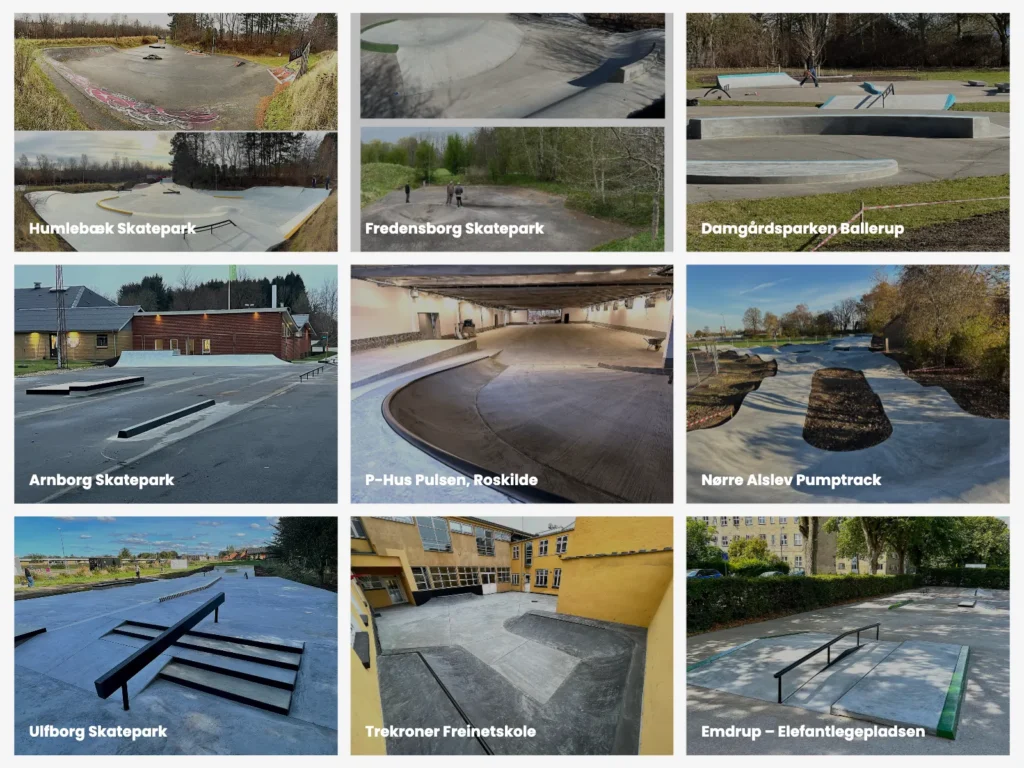 The project overview on fsrbeton.dk with image cards for skateparks such as Humlebæk, Fredensborg and Arnborg