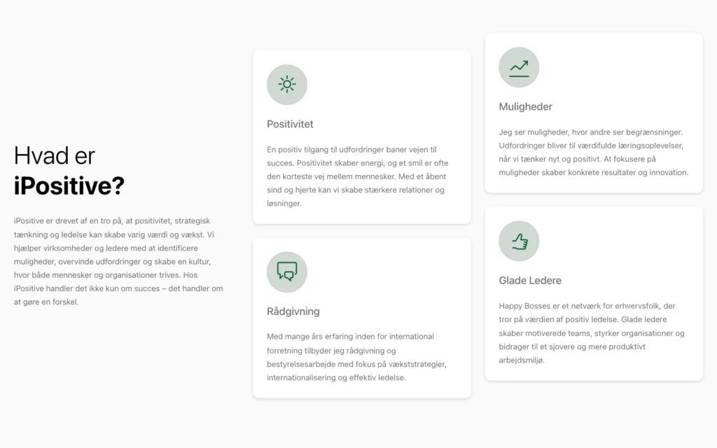 The “What is iPositive?” section with icon cards for Positivity, Opportunities, Consulting, and Happy Leaders