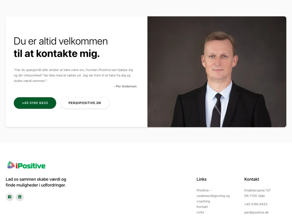 Contact section on ipositive.dk with a portrait of Per Andersen, phone and email button, and footer with an address in Vejle