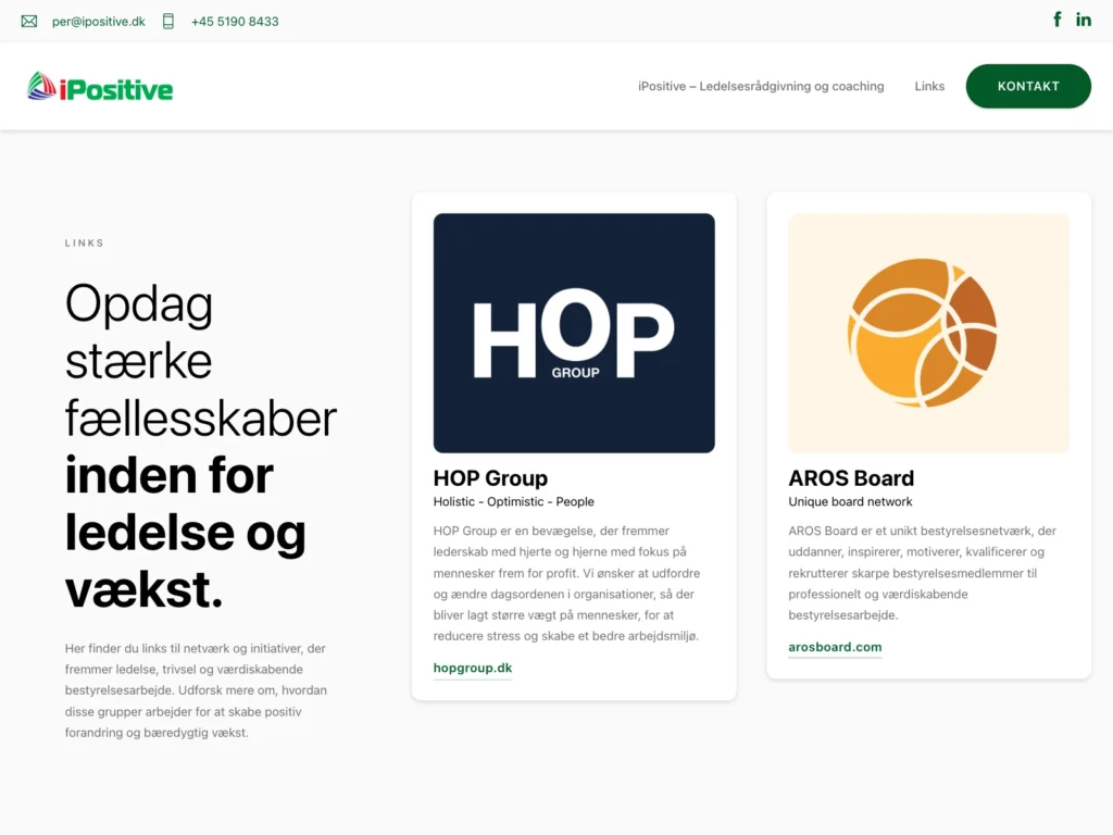 The “Links” page on ipositive.dk with cards for the networks HOP Group and AROS Board