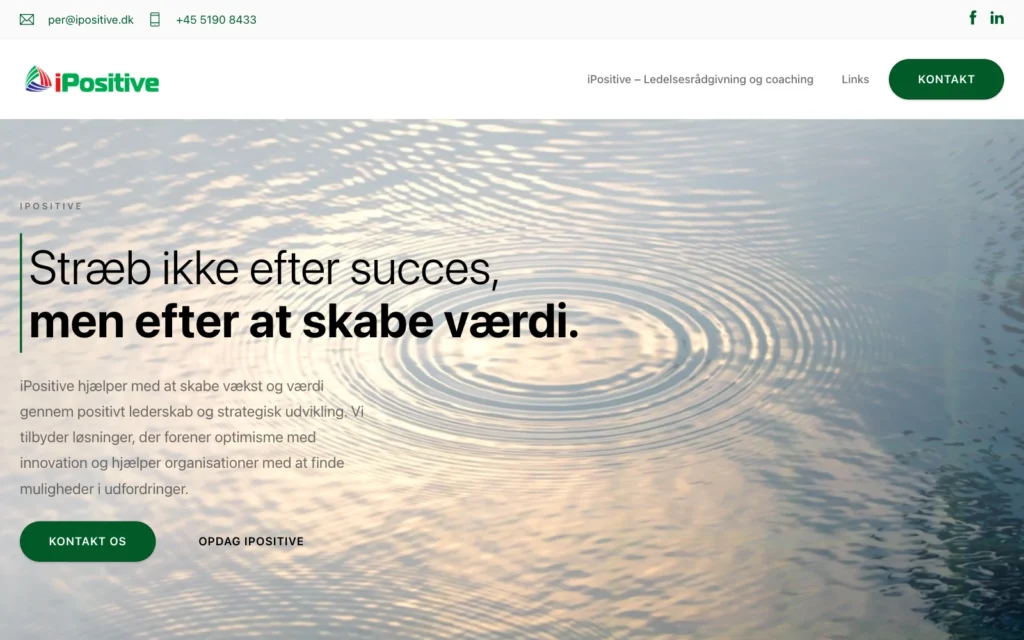 The homepage of iPositive’s website with rings in water and the headline “Don’t strive for success, but to create value”