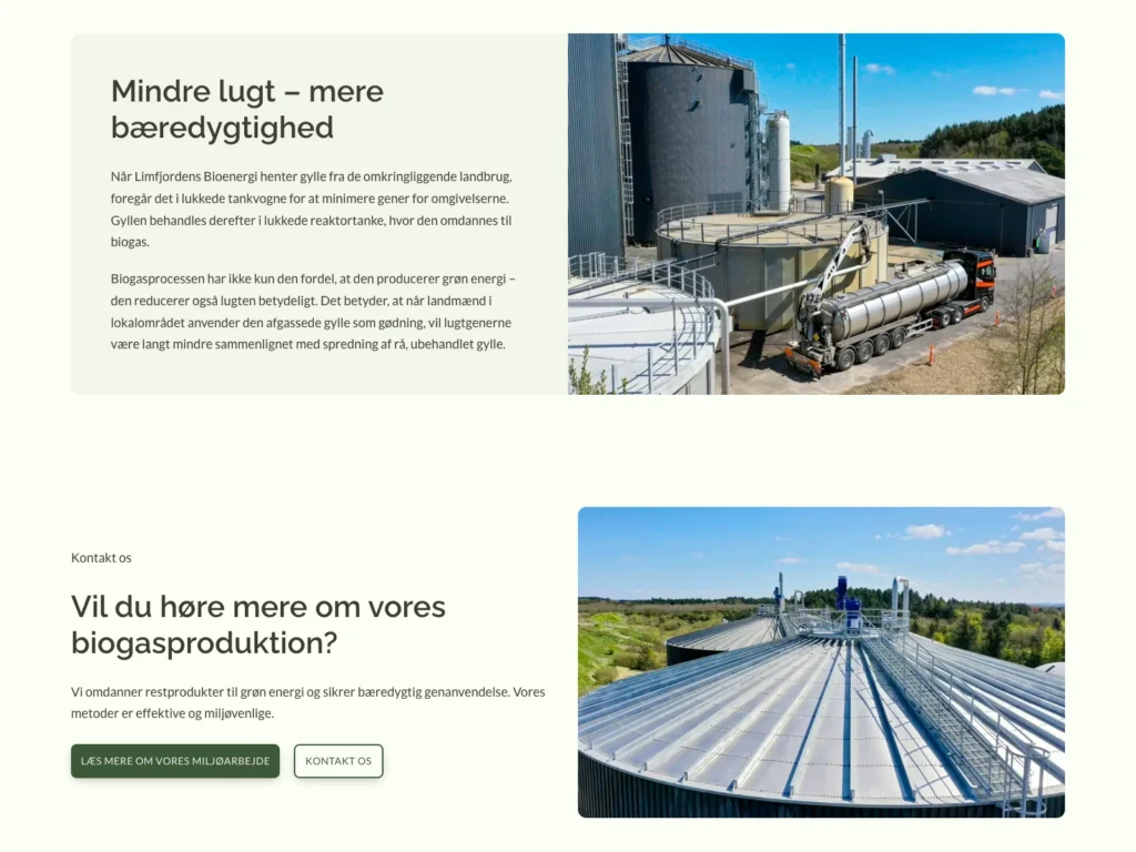 Sektionen "Mindre lugt – mere bæredygtighed" med en gyllevogn ved anlægget og en kontaktsektion om biogasproduktion