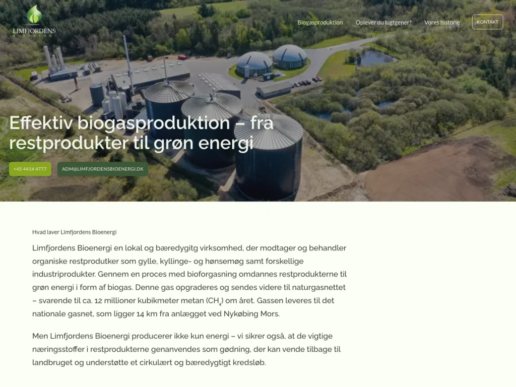 Undersiden om biogasproduktion på limfjordensbioenergi.dk med luftfoto af anlægget og en introduktion til processen