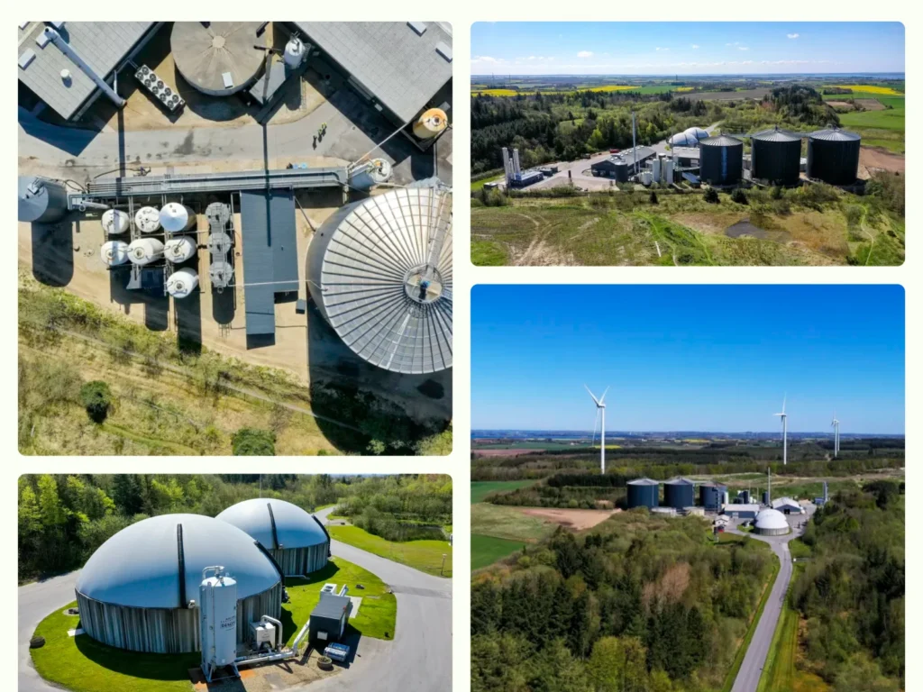 Fotogalleri fra Limfjordens Bioenergis historie med luftfotos af biogasanlægget, gastanke og vindmøller i landskabet