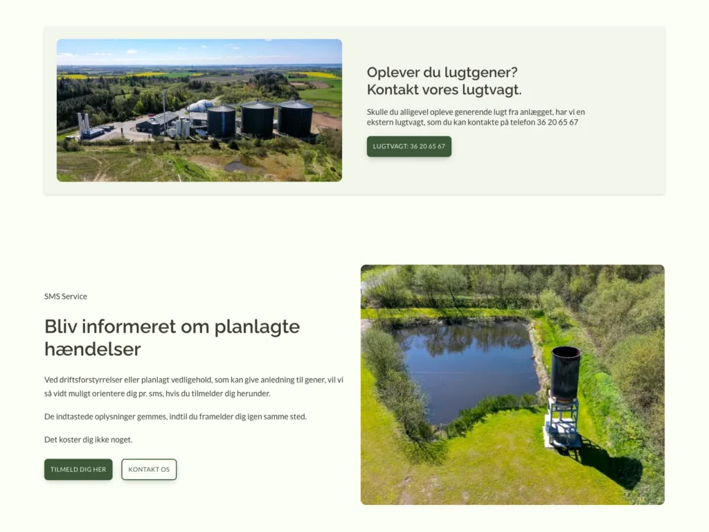 Sektionerne om lugtvagt og SMS-service på limfjordensbioenergi.dk med tilmelding til besked om planlagte hændelser