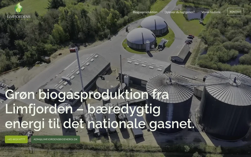 Forsiden af Limfjordens Bioenergis hjemmeside med dronefoto af biogasanlægget og overskriften om grøn biogasproduktion