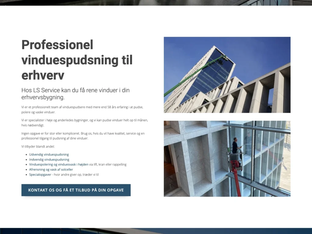 The page about window cleaning for businesses on ls-service.dk with a list of services and photos of work in a lift