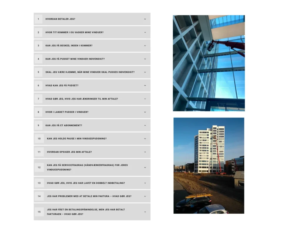 The FAQ page on ls-service.dk with 15 questions in an accordion list and photos of window cleaning at height