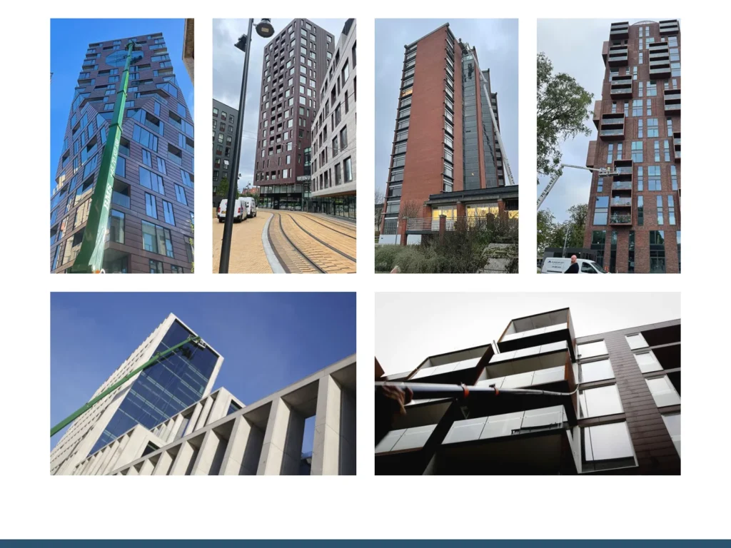 Photo gallery on ls-service.dk with window cleaning on tall apartment buildings from a lift and with a water-fed pole