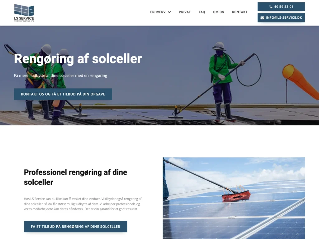 The subpage about solar panel cleaning on ls-service.dk with employees washing solar panels on a roof