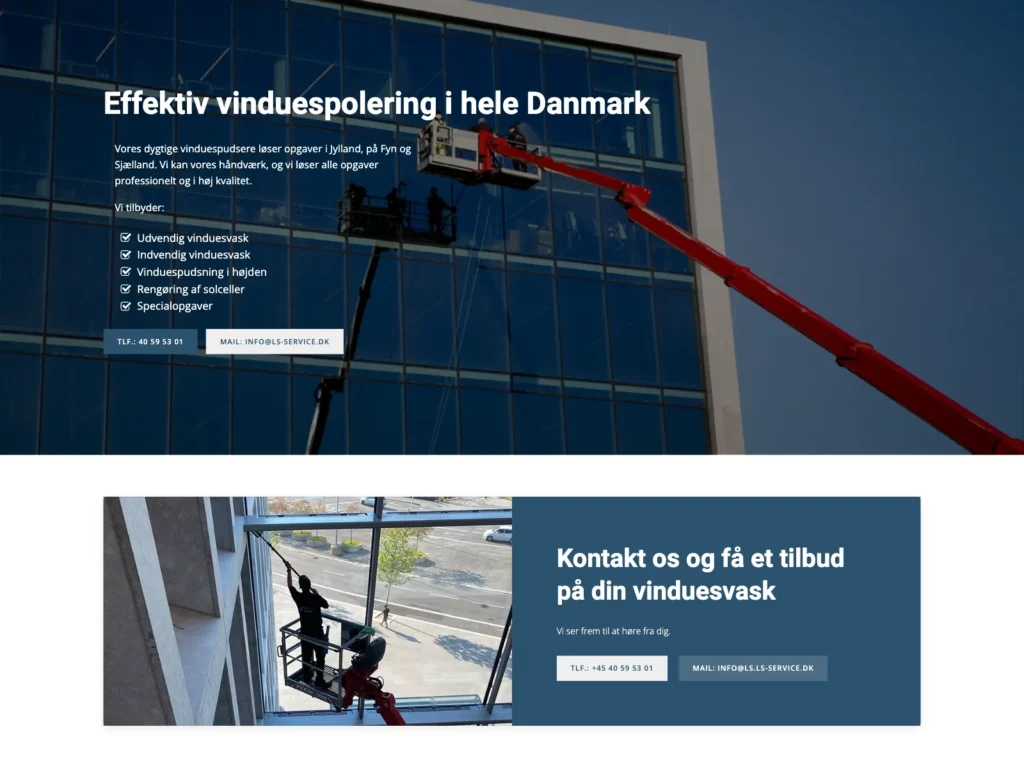 The section “Efficient window cleaning throughout Denmark” with window cleaners in a lift by a glass facade and a contact box