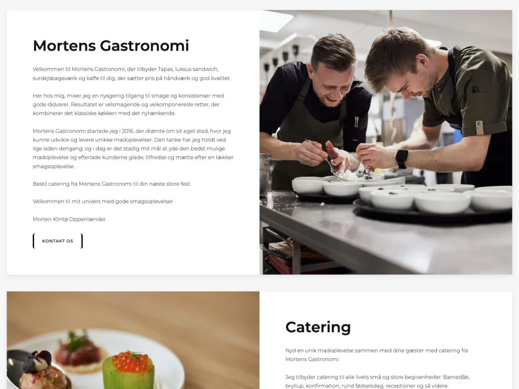 The introduction on mortensgastronomi.dk with Morten’s welcome text and a photo of two chefs plating food