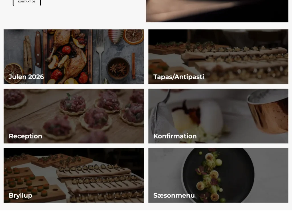 Image cards with catering categories on mortensgastronomi.dk, including Christmas, tapas, reception, confirmation, and wedding