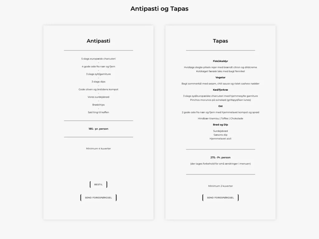 The menu cards for antipasti and tapas on mortensgastronomi.dk with dishes, price per person, and order buttons